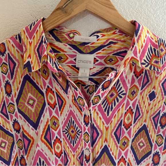 Chico's | 100% Linen Multicolor Geometric Print Button Down Shirt - Picture 3 of 12